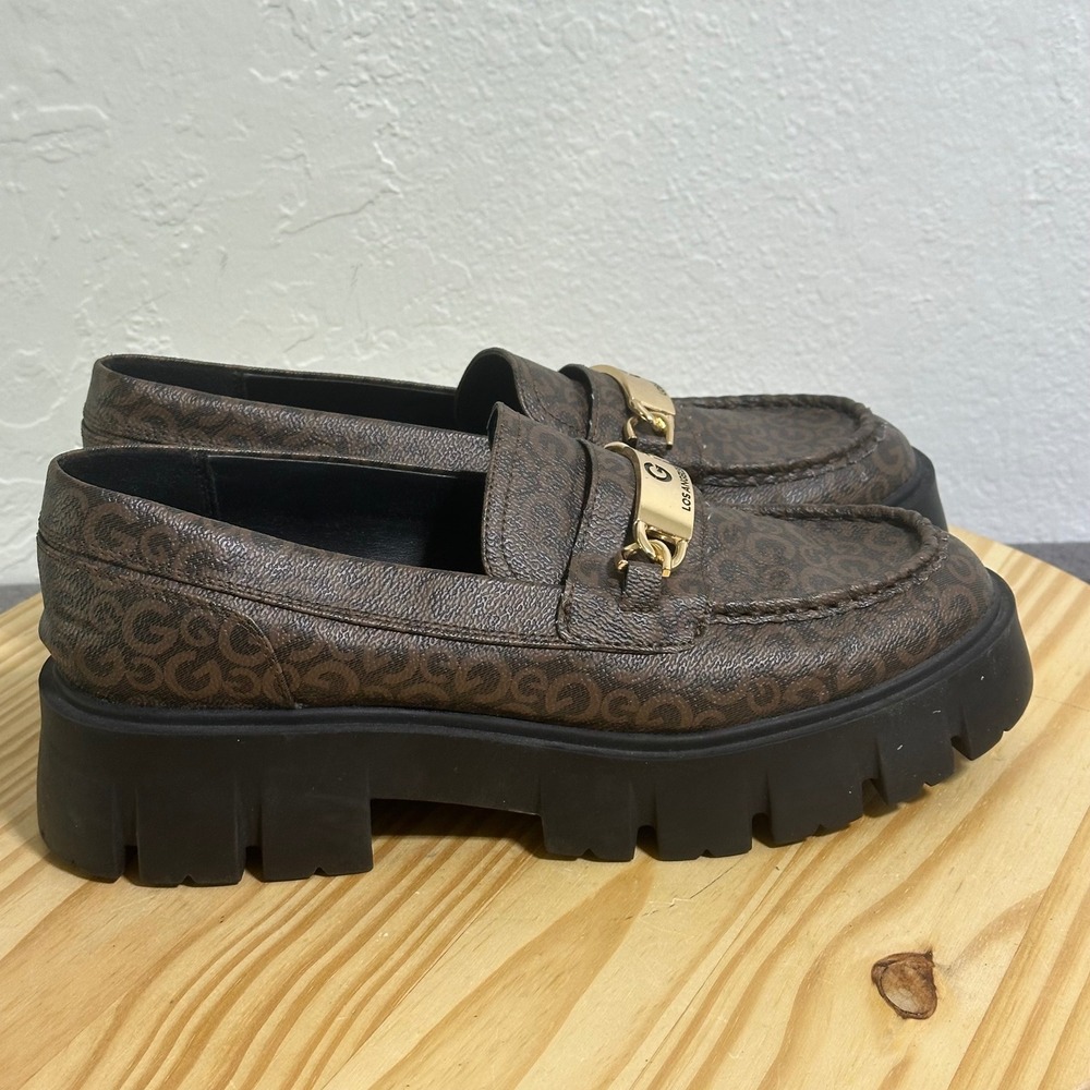 GBG Guess Womens 11 Brown Monogram Chunky Lug Loafers Gold Bit Platform Y2K